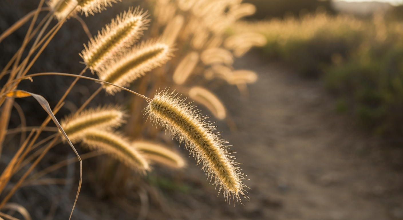 A close up of dry foxtail grass seeds along a California trail