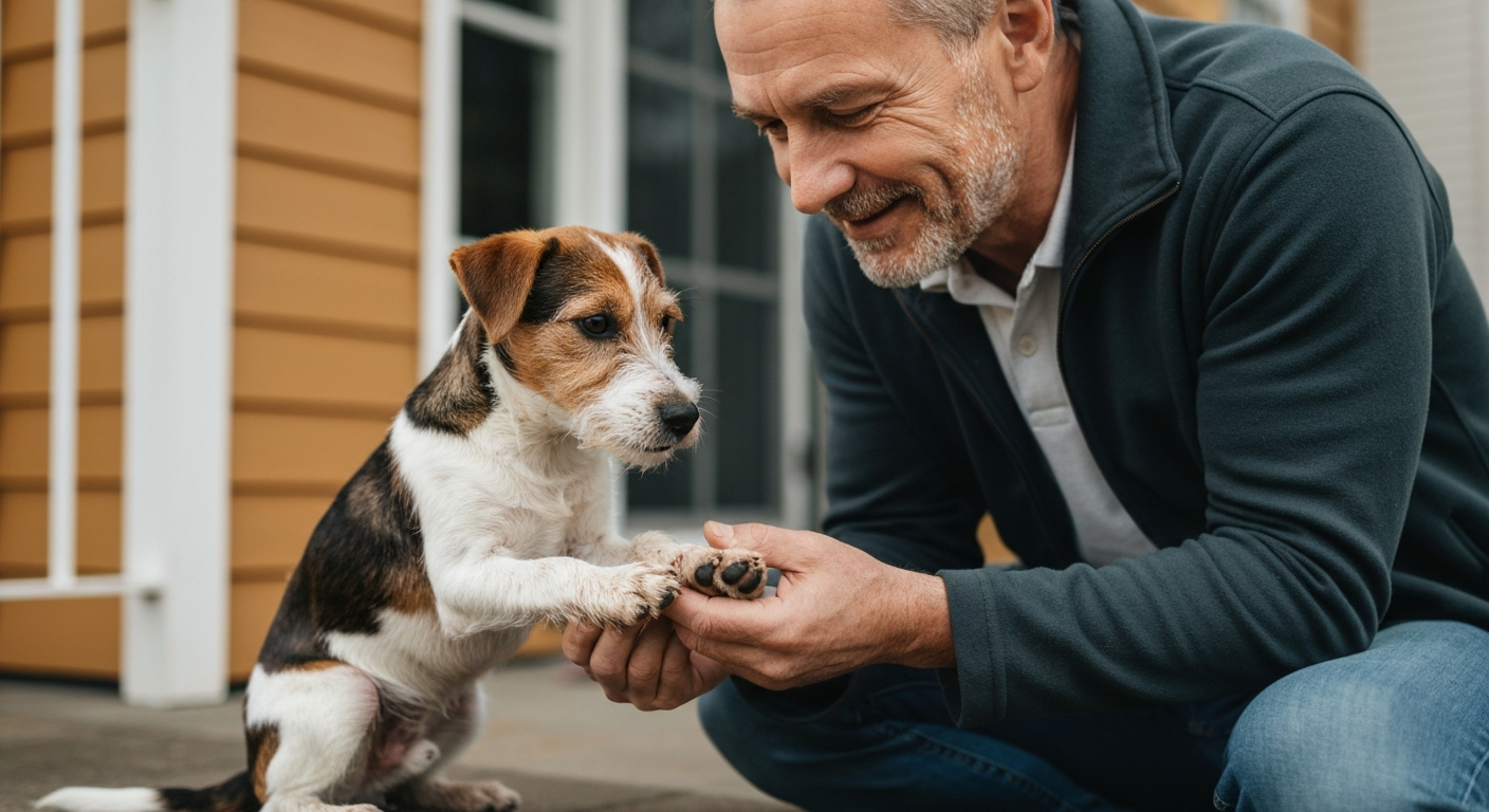 A pet parent inspecting a dog's paws after an outdoor walk