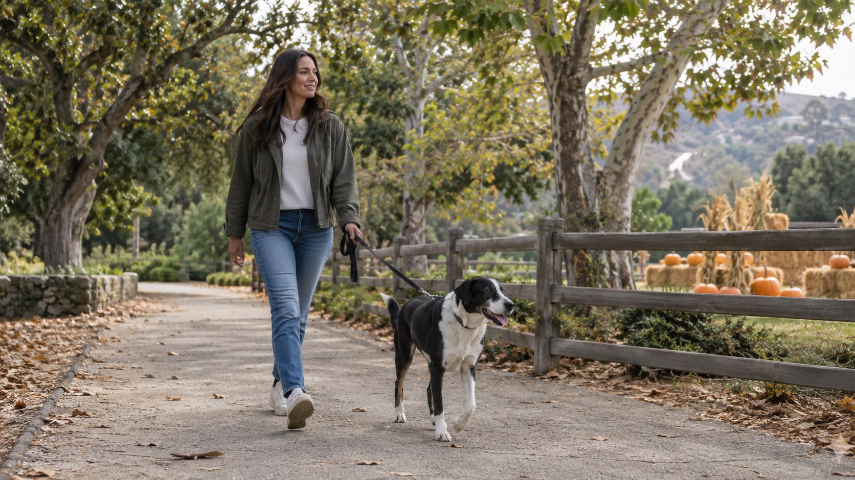 A woman walks a leashed black-and-white mixed-breed dog along a paved path under sycamore trees, past a wooden fence with pumpkins and hay bales on the other side