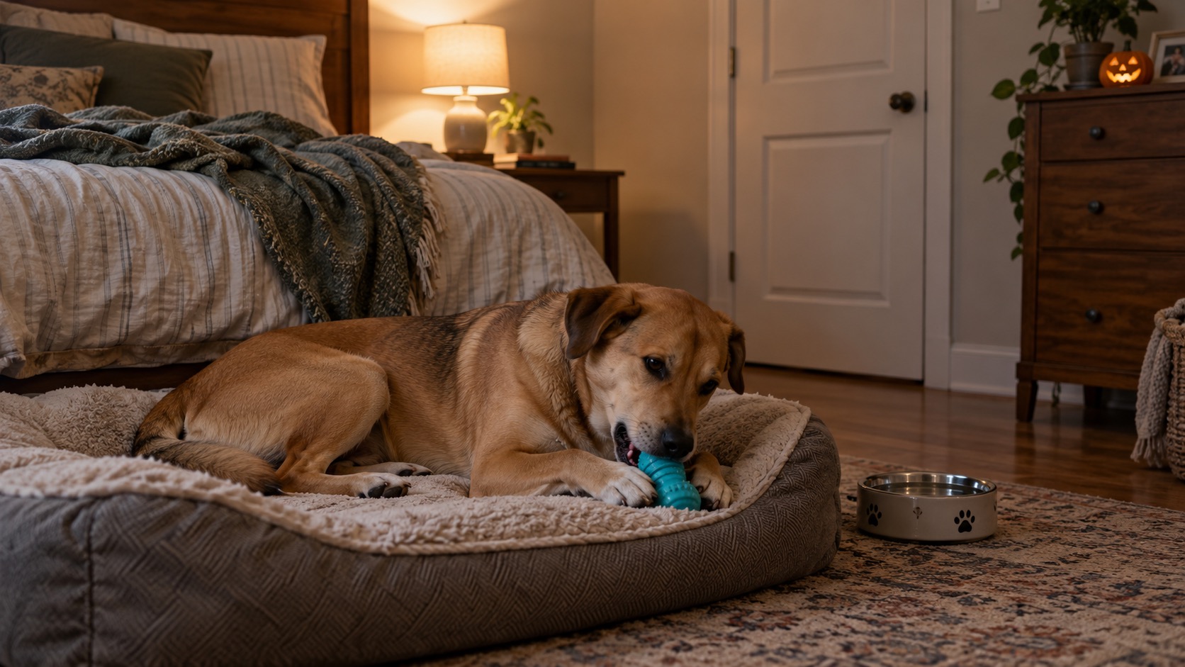 A tan mixed-breed dog lying on a dog bed in a lamp-lit bedroom with the door closed, chewing a rubber toy beside a water bowl, a small carved pumpkin on the dresser