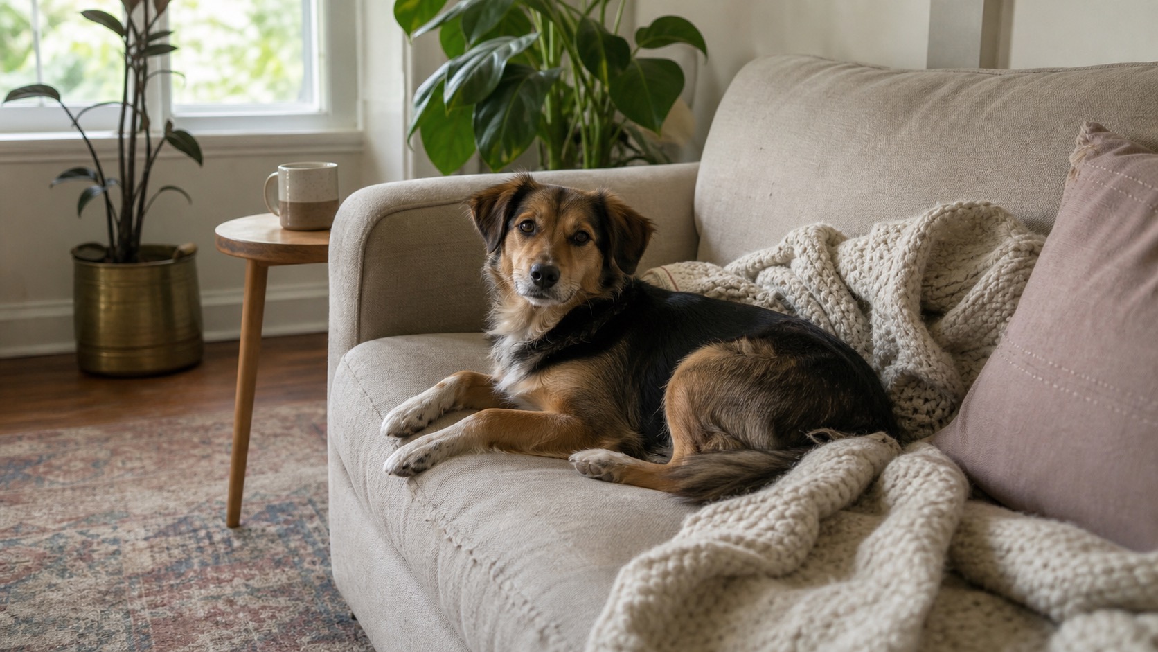 A relaxed dog resting on a couch in a bright, lived-in Orange County living room during an in-home boarding stay