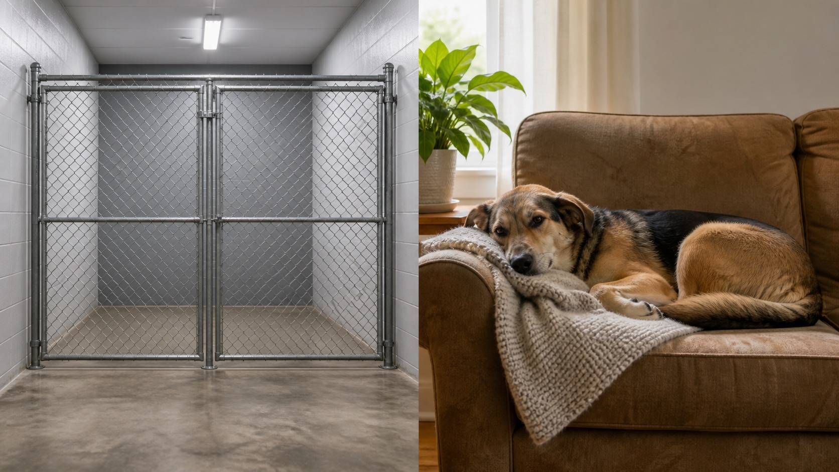 Side-by-side comparison of a commercial kennel run and a dog relaxing on a couch in a private home