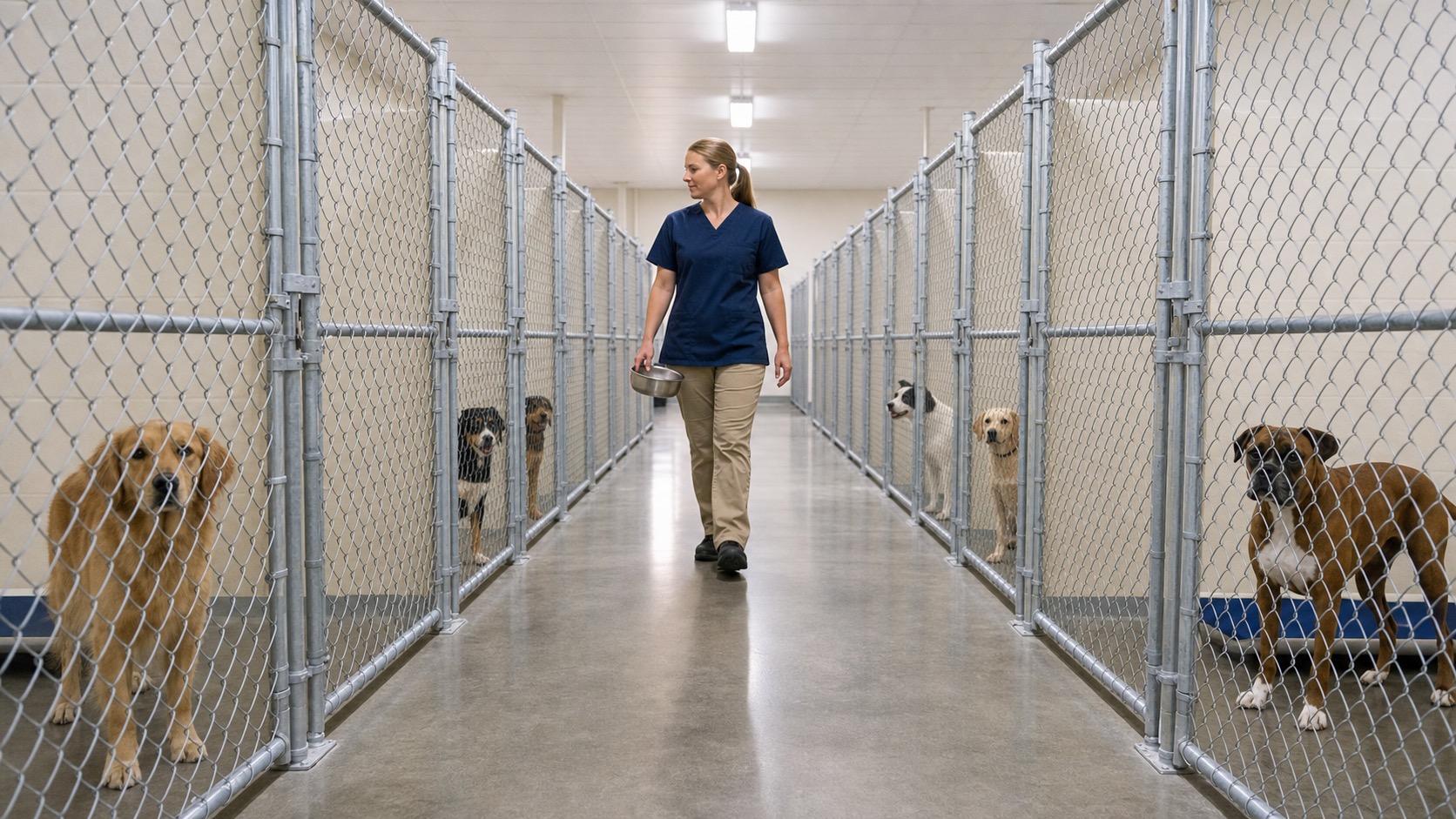 A staff member tending to several dogs in individual runs at a commercial dog boarding facility