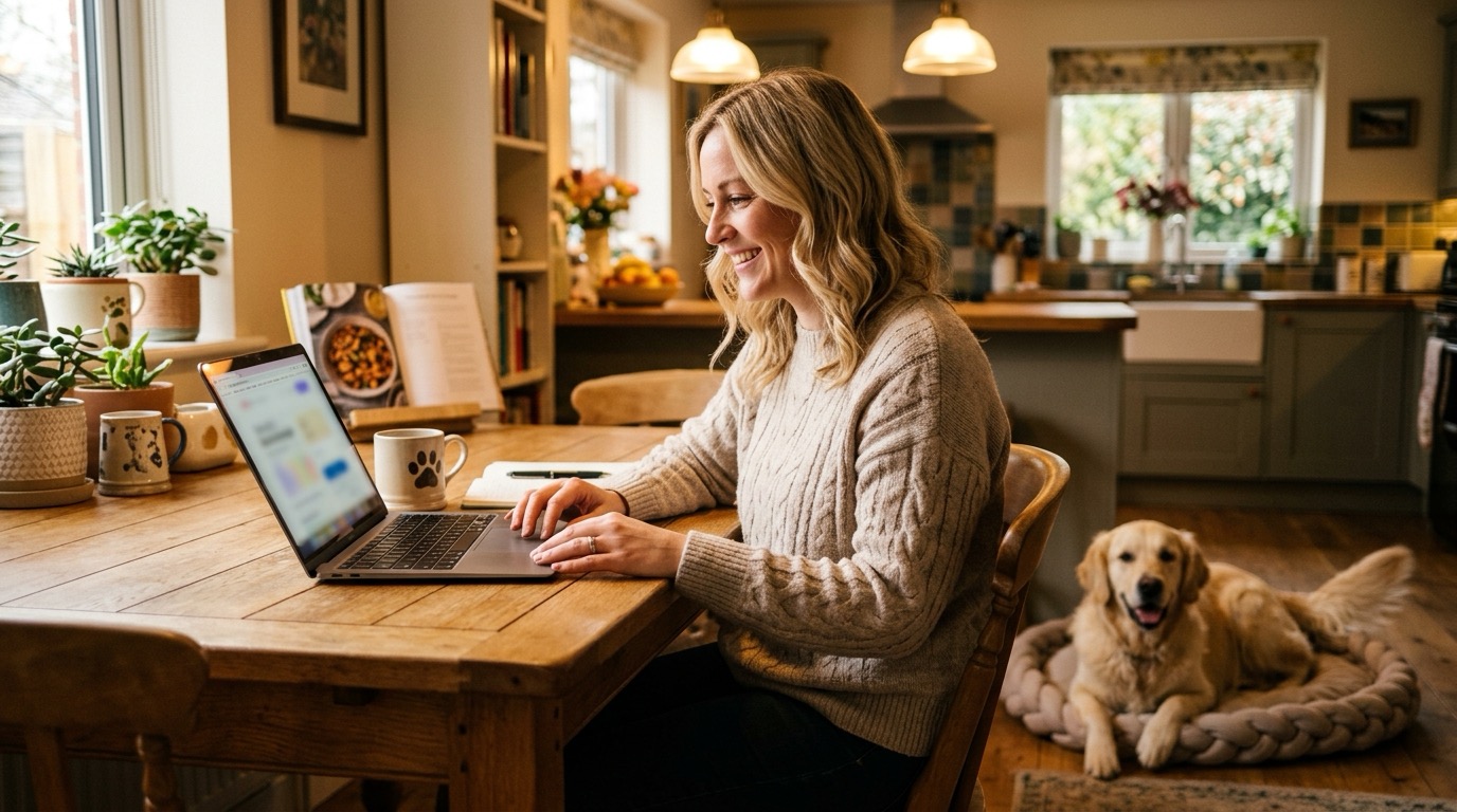 A pet parent booking a dog sitter online on a laptop at a kitchen table while a happy dog rests nearby, photorealistic, warm lighting, professional pet photography, no text