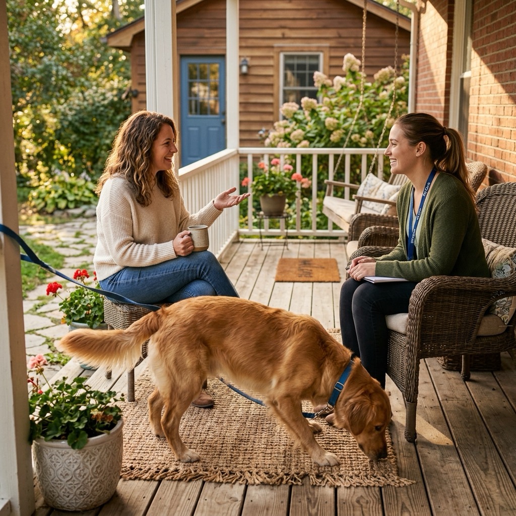 A pet parent and a dog sitter having a friendly meet-and-greet on a porch while a dog sniffs around curiously, photorealistic, warm lighting, professional pet photography, no text