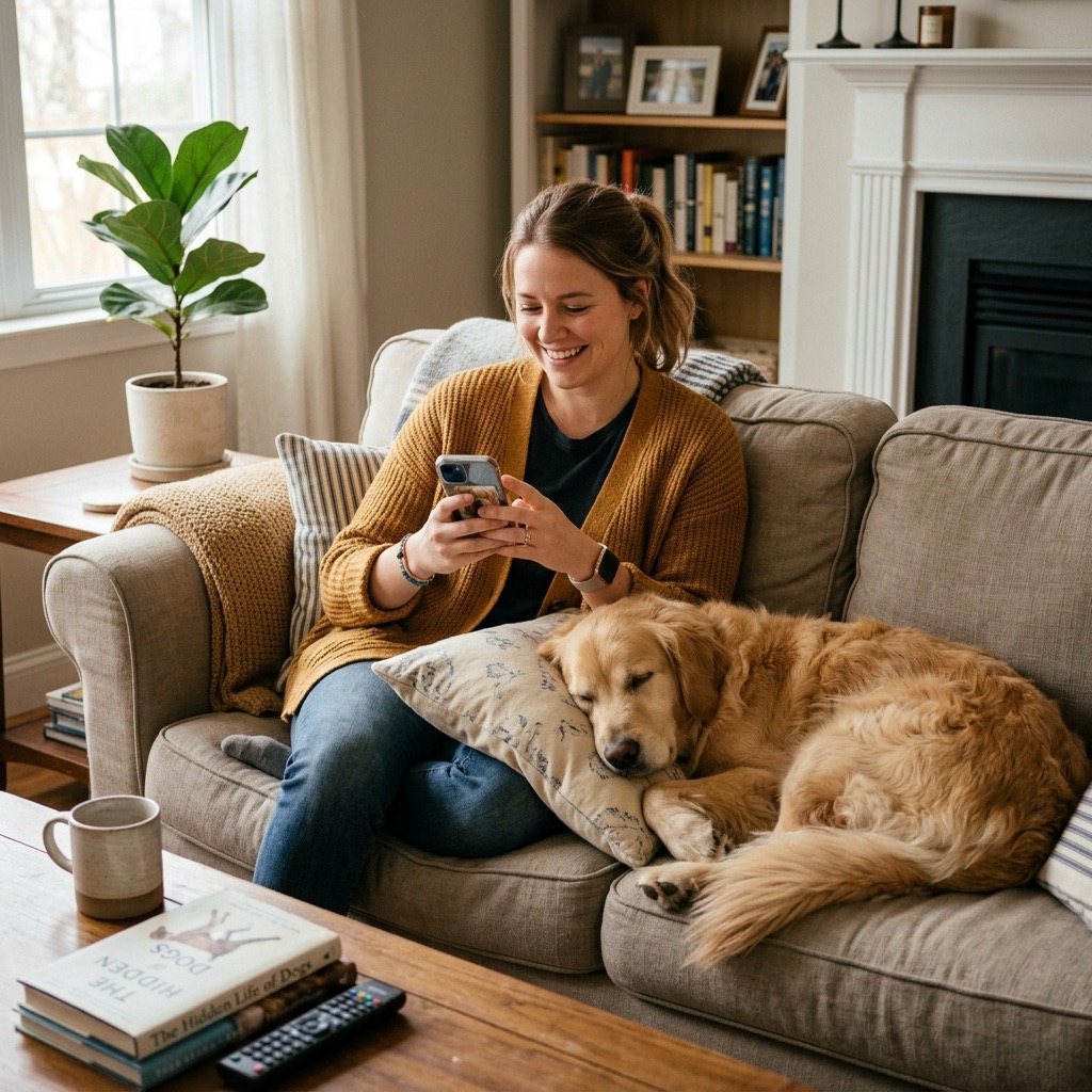A dog sitter sending a photo update from her phone while a relaxed dog rests on a couch beside her at home, photorealistic, warm lighting, professional pet photography, no text