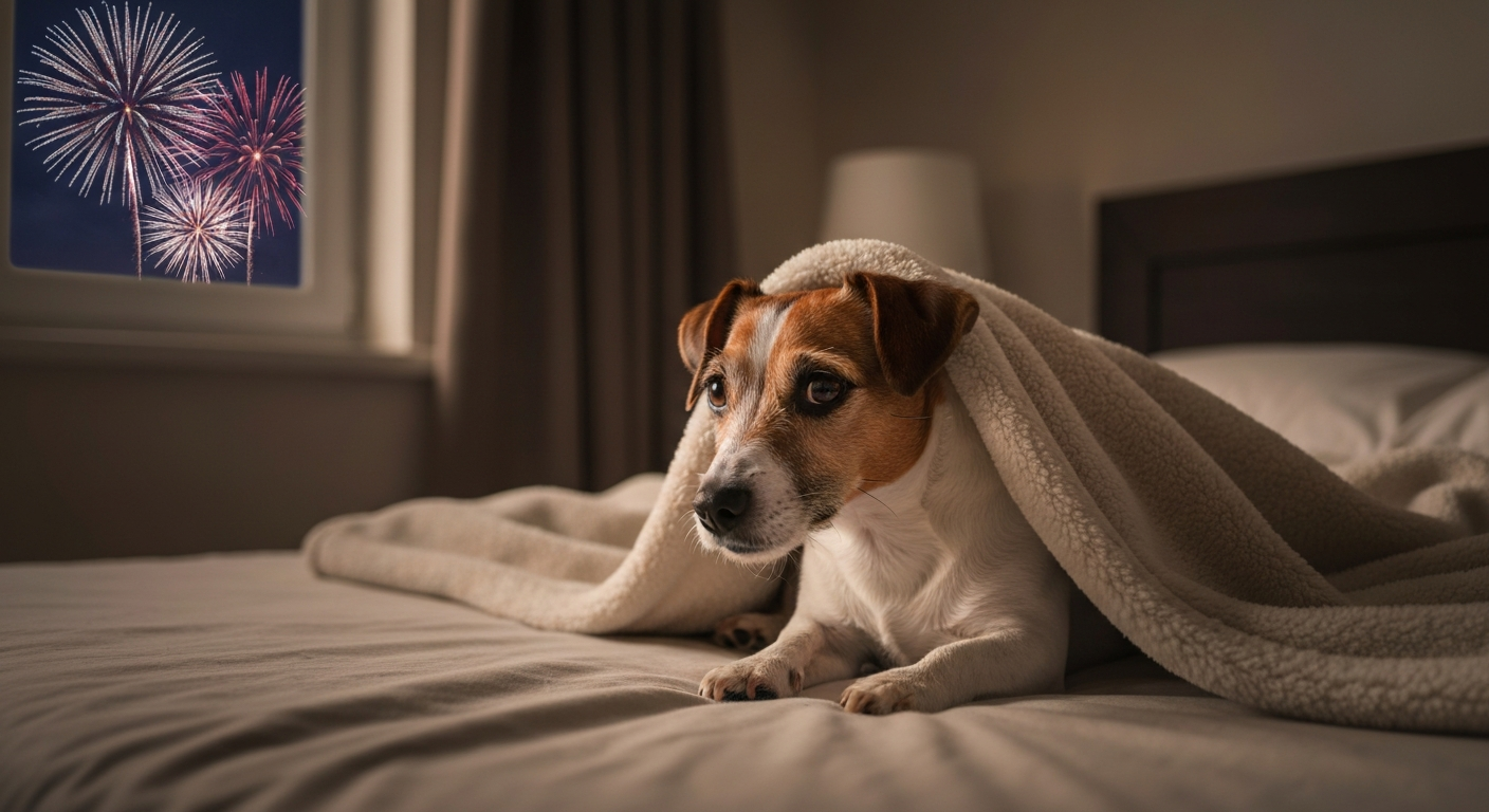 A nervous small dog hiding under a blanket on a bed while distant fireworks light up a window at night, photorealistic