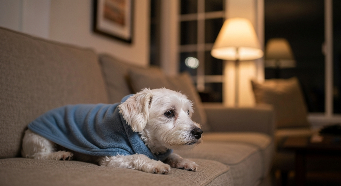 A dog wearing a calming wrap resting on a sitter's couch in a quiet living room, evening light, photorealistic
