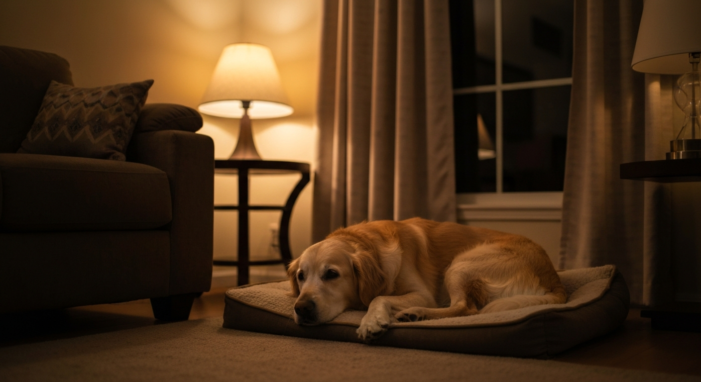 A calm dog resting indoors on a cozy bed while warm light glows through a window, July 4th evening, photorealistic
