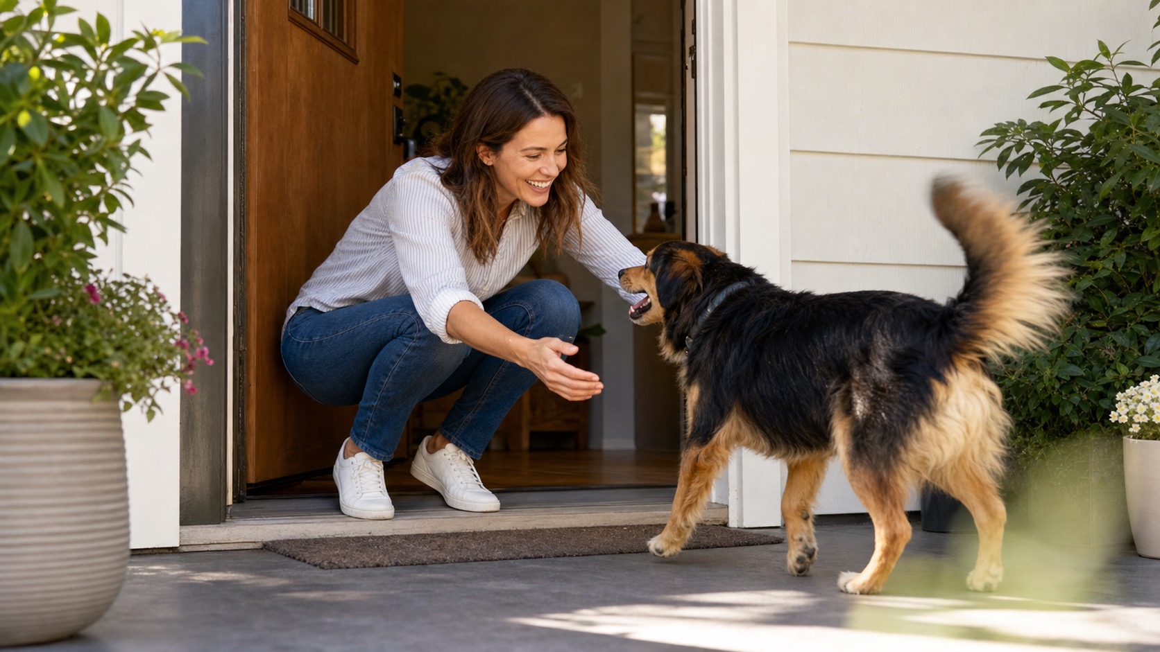 A friendly sitter greeting a happy dog at the front door of a bright home, dog wagging its tail, photorealistic