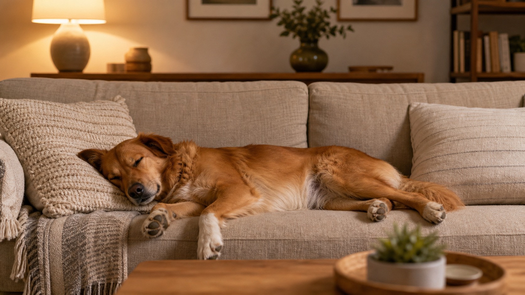 A content dog stretched out on a comfortable couch in a cozy living room, soft warm evening light, photorealistic