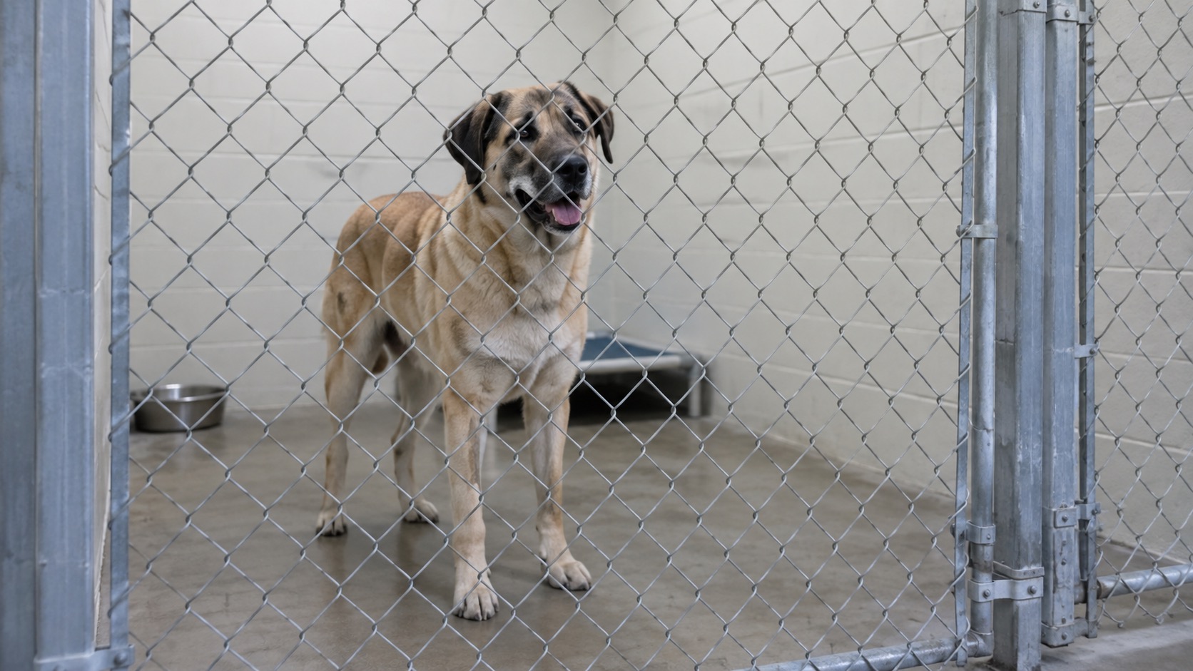 A large tan dog standing calmly behind the galvanized chain-link gate of a clean concrete boarding run, a stainless water bowl and raised cot bed inside, cool overhead light on painted block walls