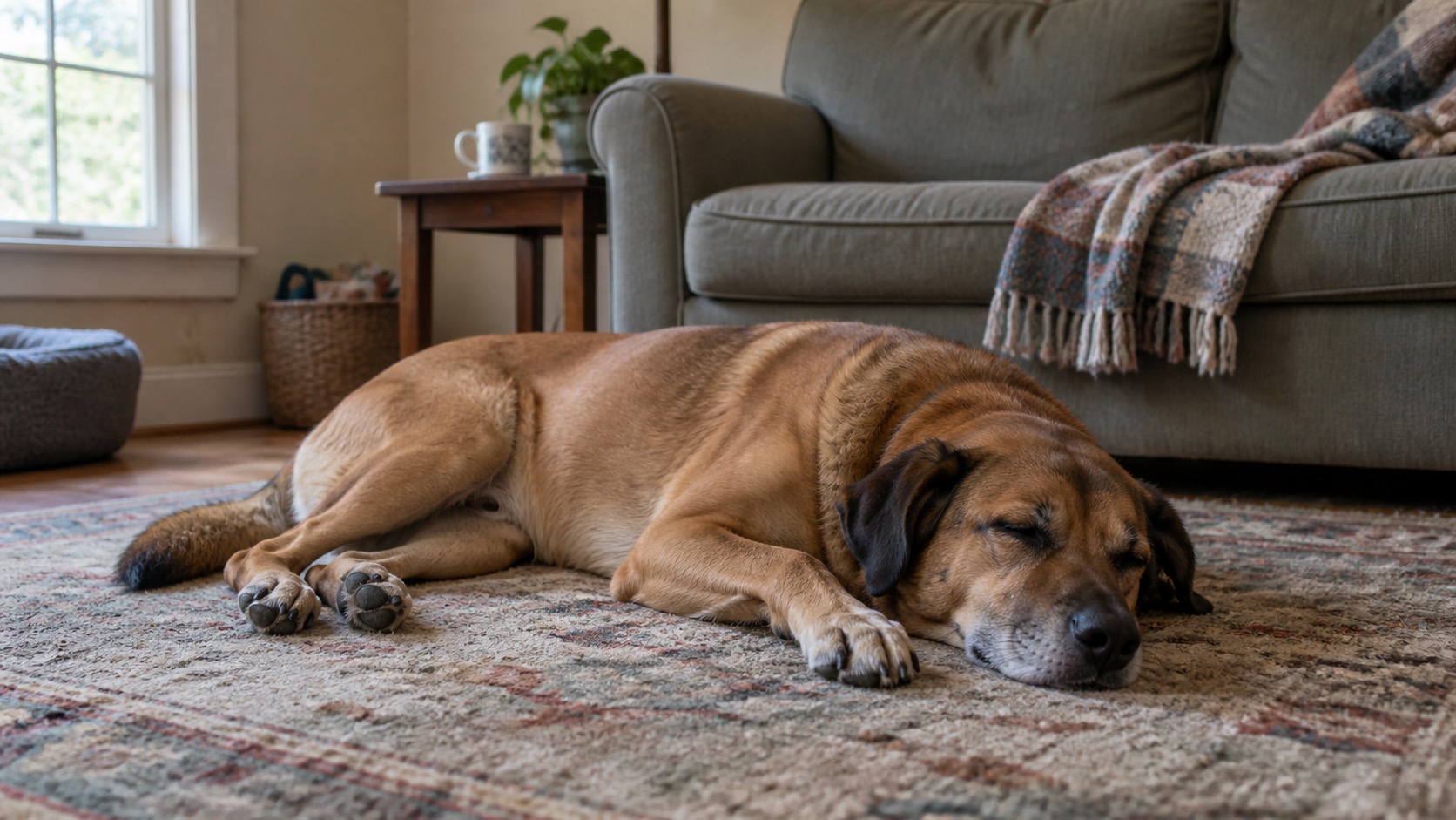 A large brown mixed-breed dog stretched out asleep on a worn rug in an ordinary living room, sunlight from a side window, a folded throw on the couch behind