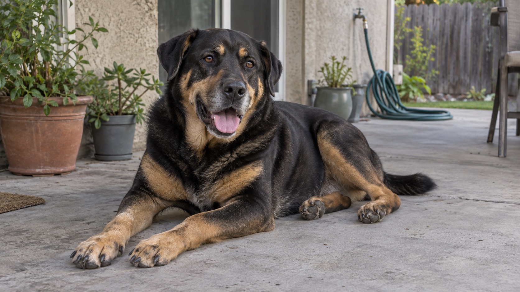 A large black and tan mixed-breed dog lying on a shaded back patio of an ordinary Southern California home, potted plants and a garden hose nearby, late afternoon daylight