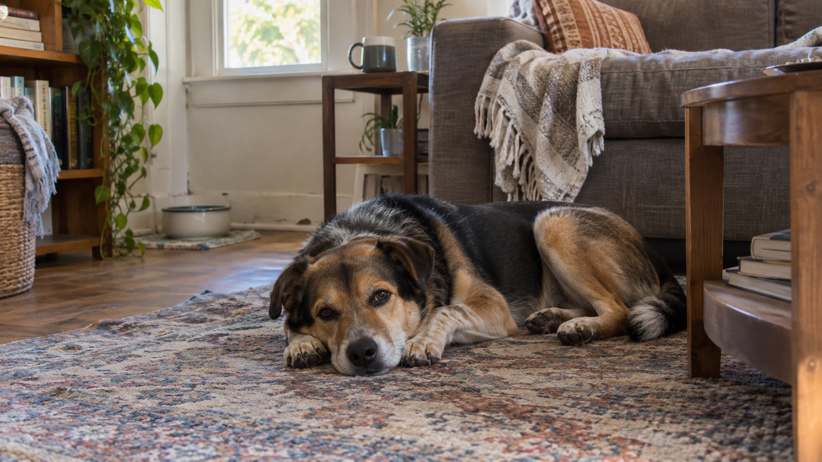 A mixed-breed dog lying with its head down on a worn patterned rug in a lived-in living room, a throw blanket over the sofa arm and daylight coming through the window