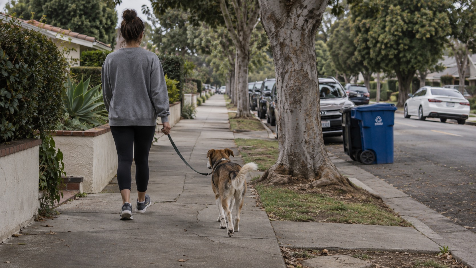 A person walking a mixed-breed dog on a loose leash down a tree-lined suburban sidewalk on an overcast morning, parked cars and a recycling bin at the curb
