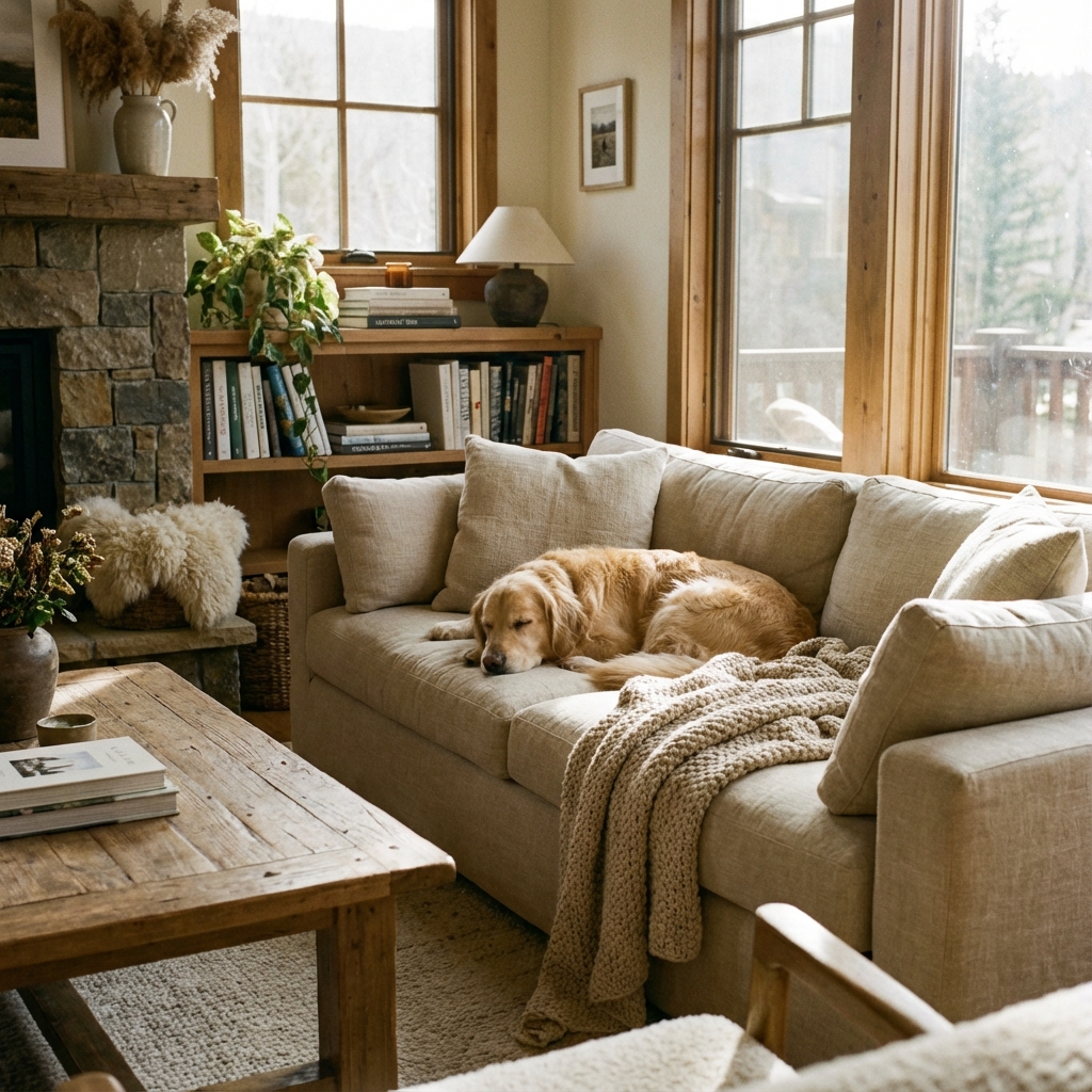 Golden Retriever relaxing in a sunny, luxury living room