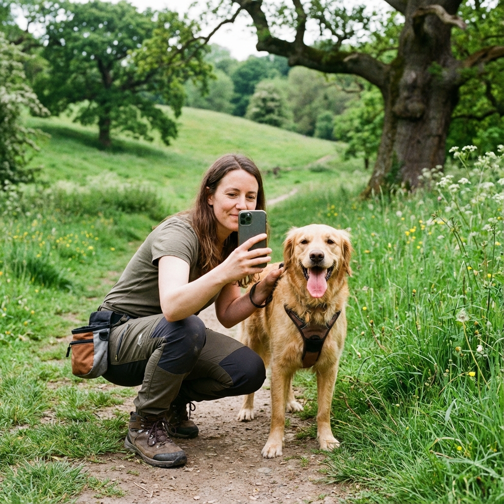 Sitter taking a photo of a happy dog on a walk