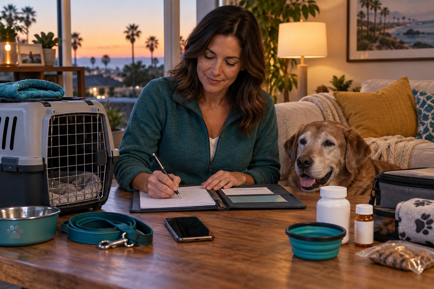 A pet parent writing an emergency plan beside a senior dog, carrier, leash, phone, and medication bottles