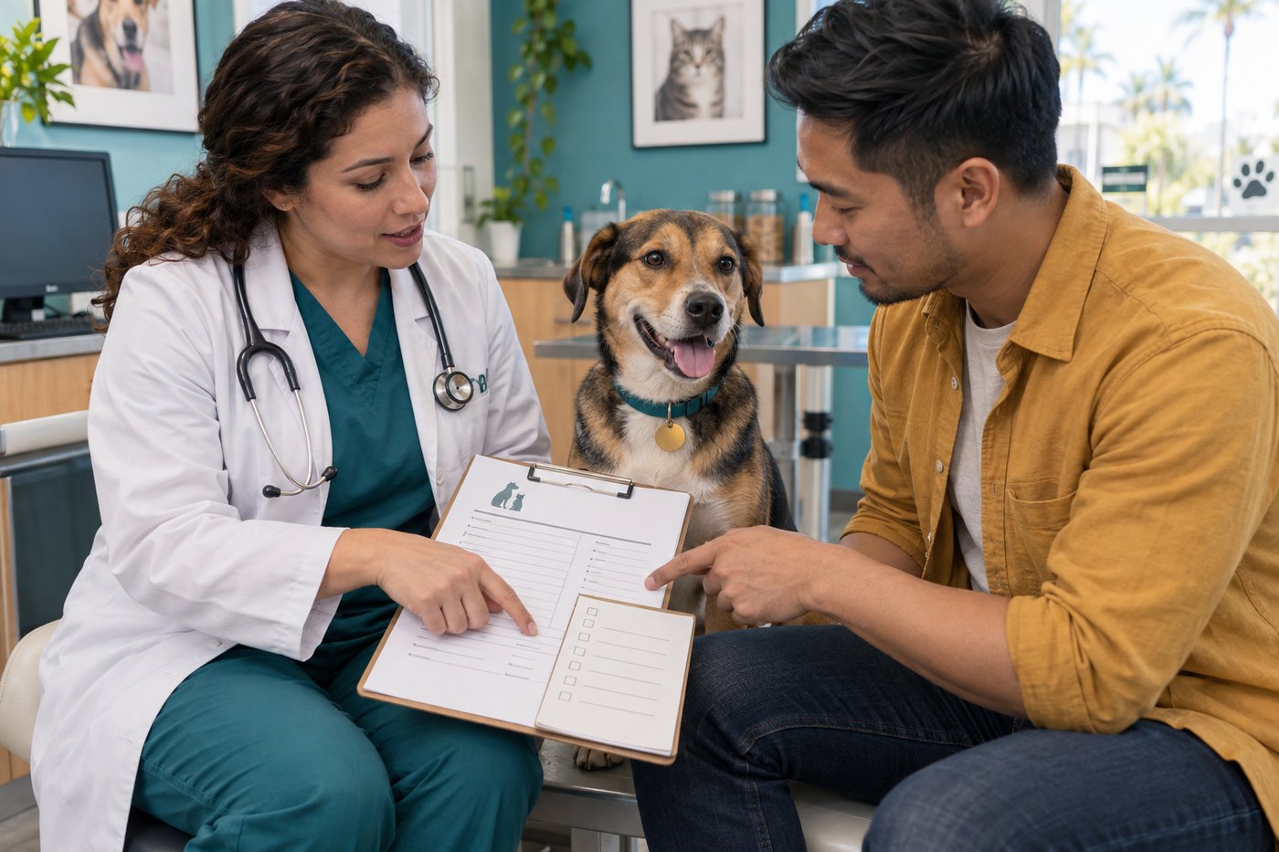 A veterinarian and pet parent reviewing a clipboard beside a golden retriever