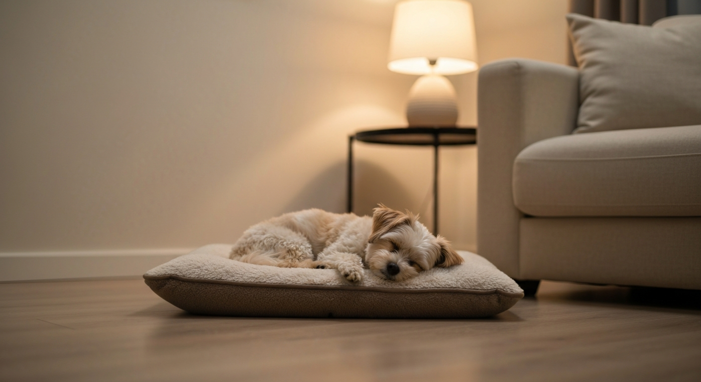 A dog sleeping peacefully in a cozy living room setup overnight