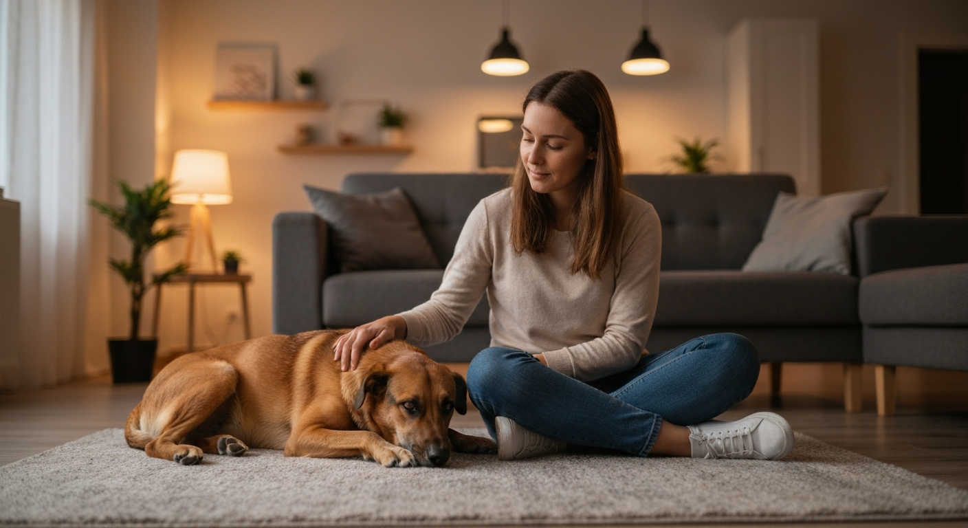 A sitter sitting calmly with a dog in the evening, preparing for bedtime