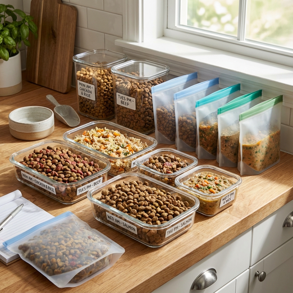 Pre-portioned dog food ready for boarding