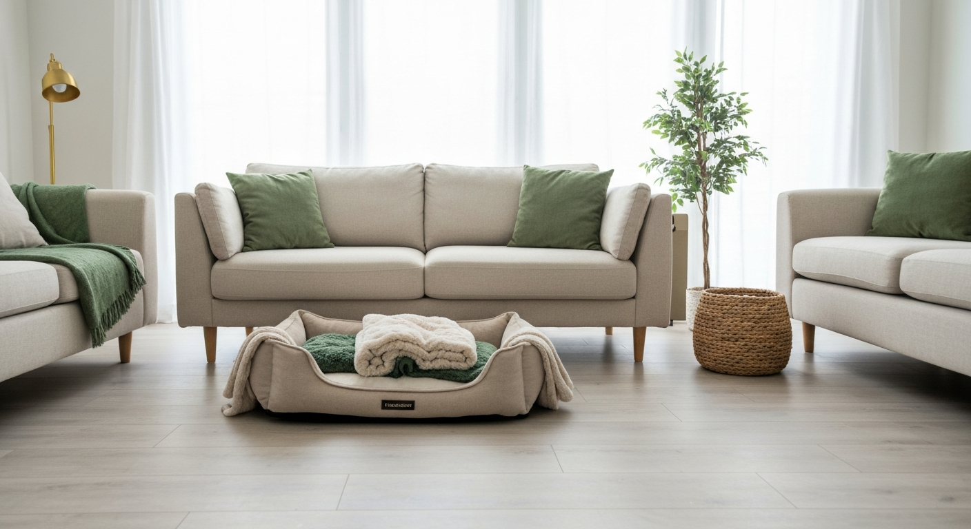 A cozy dog bed in a clean, bright living room setup for boarding