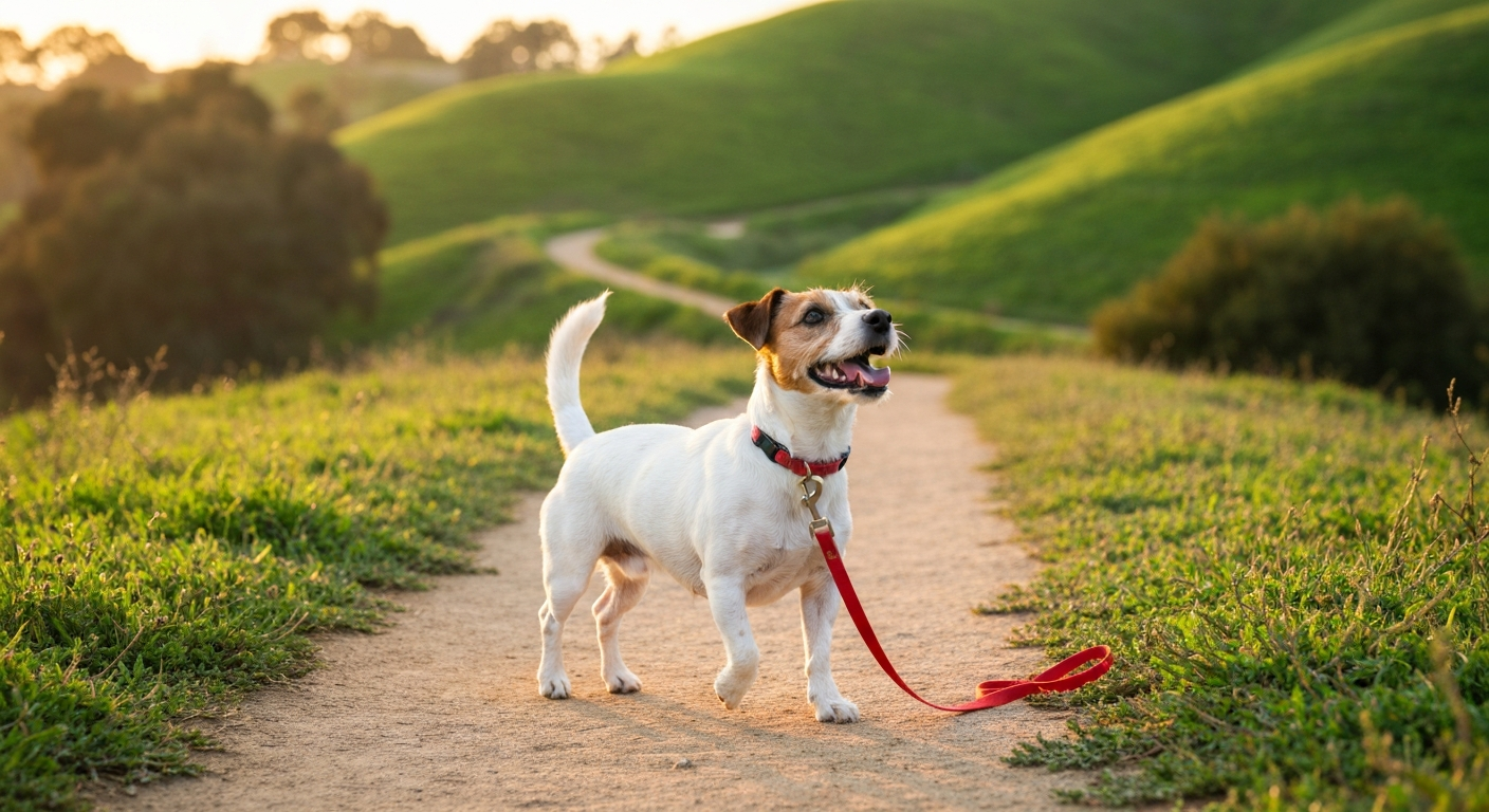 A dog enjoying an enrichment walk along an Irvine trail