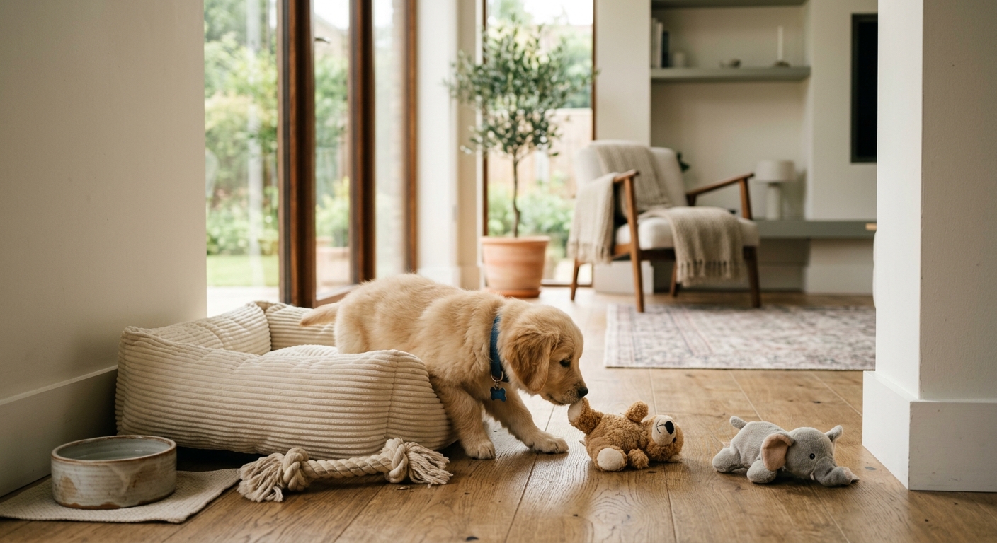 A young puppy exploring a bright, welcoming home environment with toys and a cozy bed