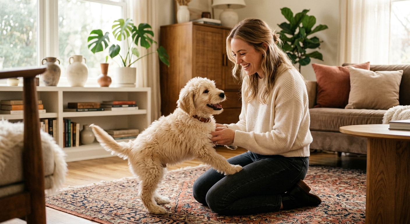 A happy puppy meeting a friendly sitter during a meet and greet in a cozy living room