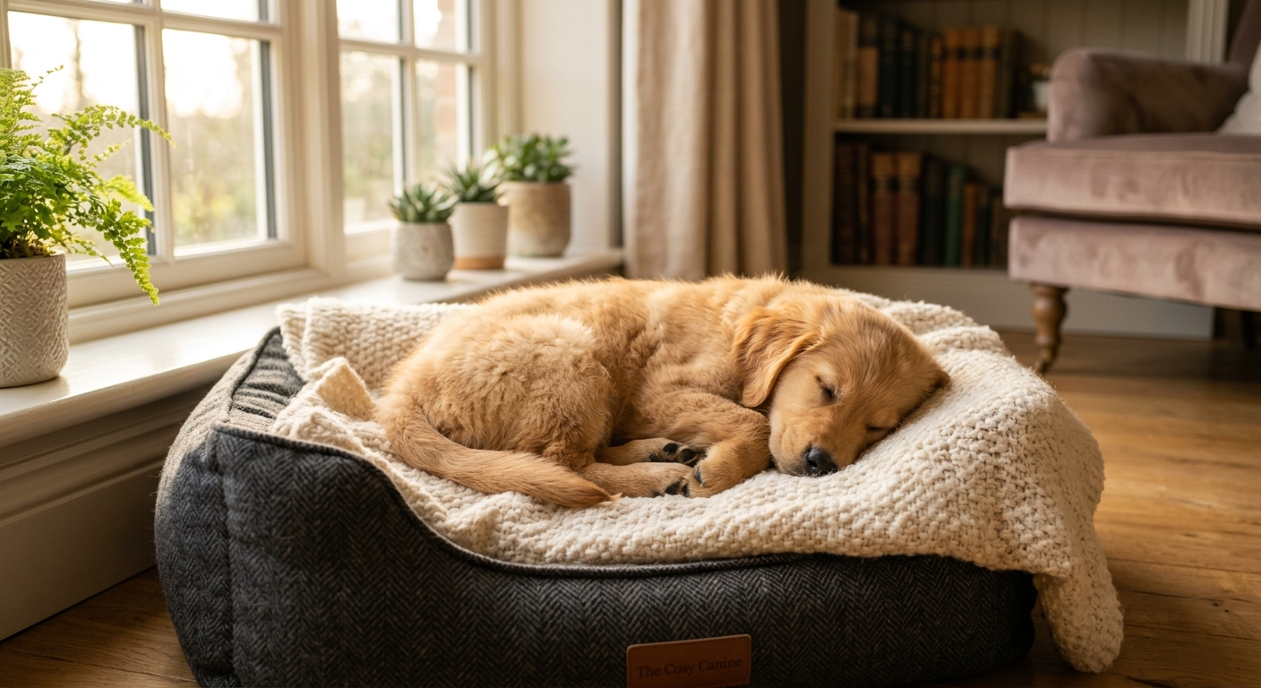 A content puppy sleeping peacefully on a soft blanket in a warm, sunlit home
