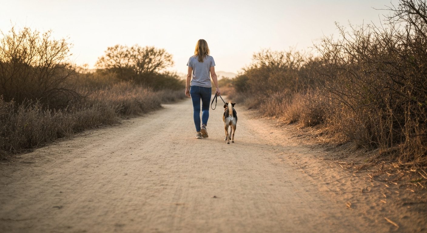 A pet parent and dog walking calmly down the center of a wide dirt trail in Orange County