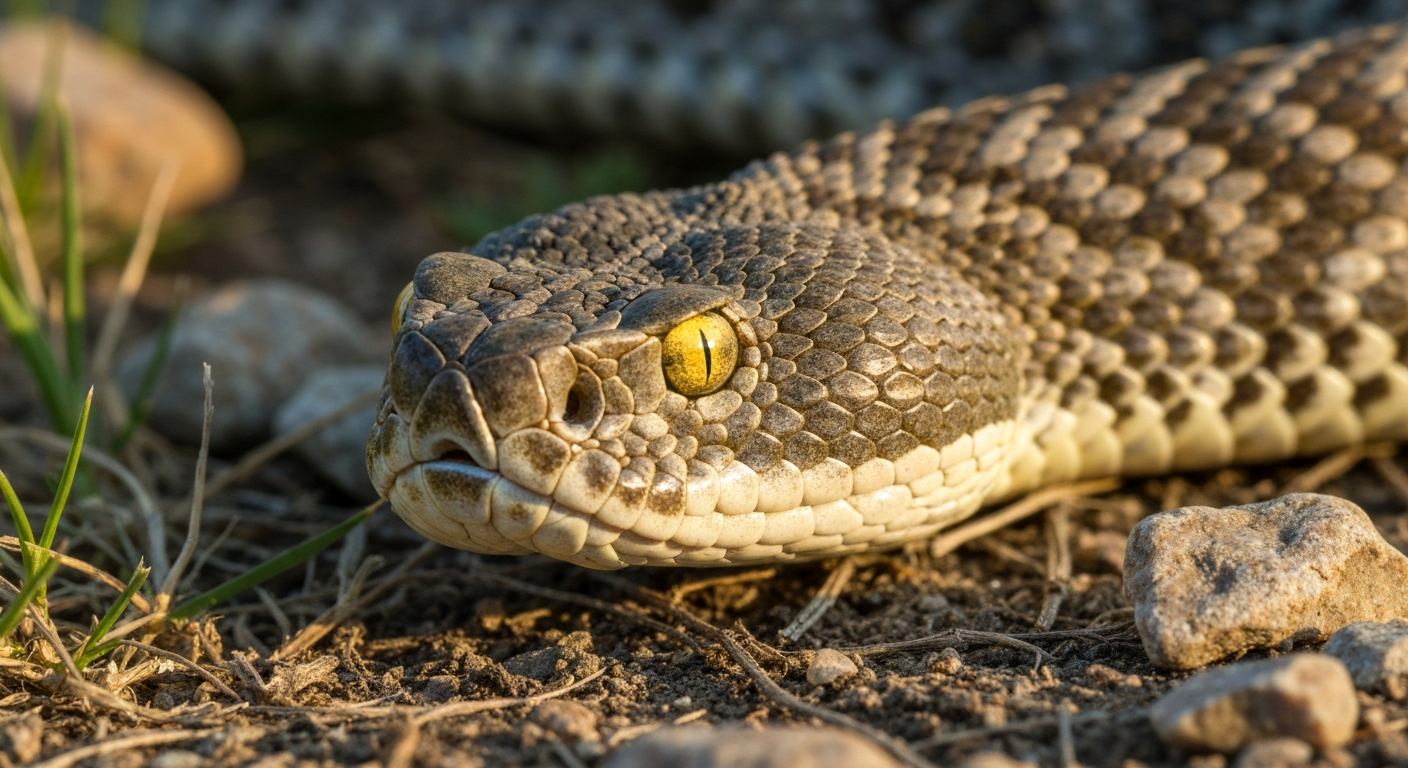 A Southern Pacific rattlesnake coiled at the base of dry chaparral brush in California