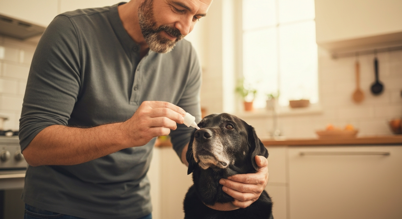 A sitter gently applying medication eye drops to a calm senior dog