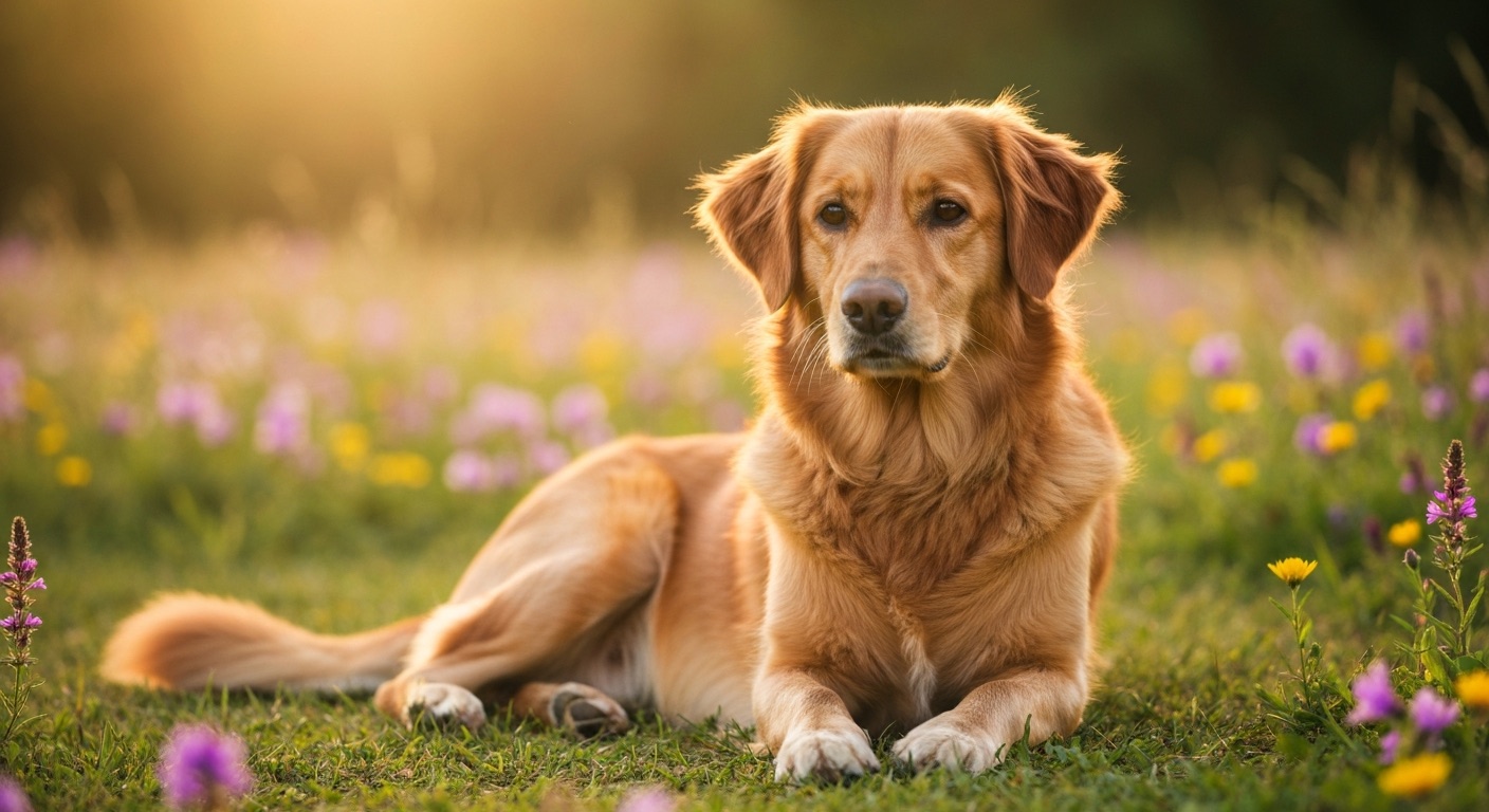 A golden retriever resting in the shade of a tree at an Orange County park, warm summer light, relaxed and cool