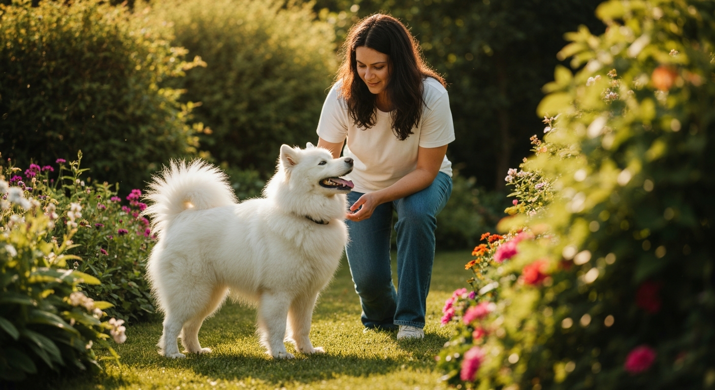 A pet parent offering water to a dog under a shaded pergola in an OC backyard, summer afternoon, photorealistic, warm comfortable atmosphere