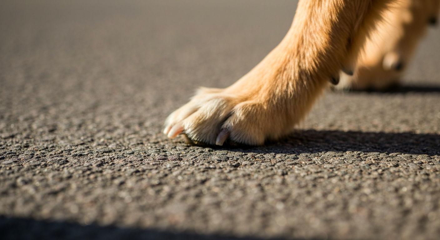 Close-up of a dog's paw on summer pavement in Orange County, heat shimmer visible on asphalt, photorealistic, warm lighting
