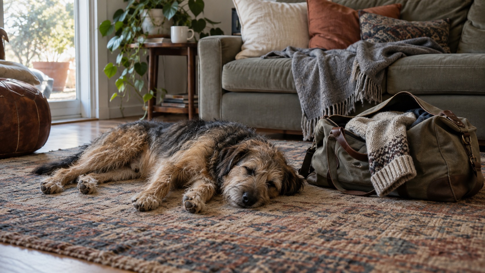 A scruffy mixed-breed dog napping on a worn rug beside a half-packed duffel bag in a lived-in living room, soft daylight from a window