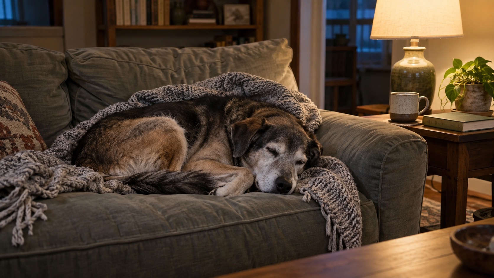 A relaxed older mixed-breed dog curled on a couch under a knitted throw in a lived-in living room, evening lamp light and soft shadows