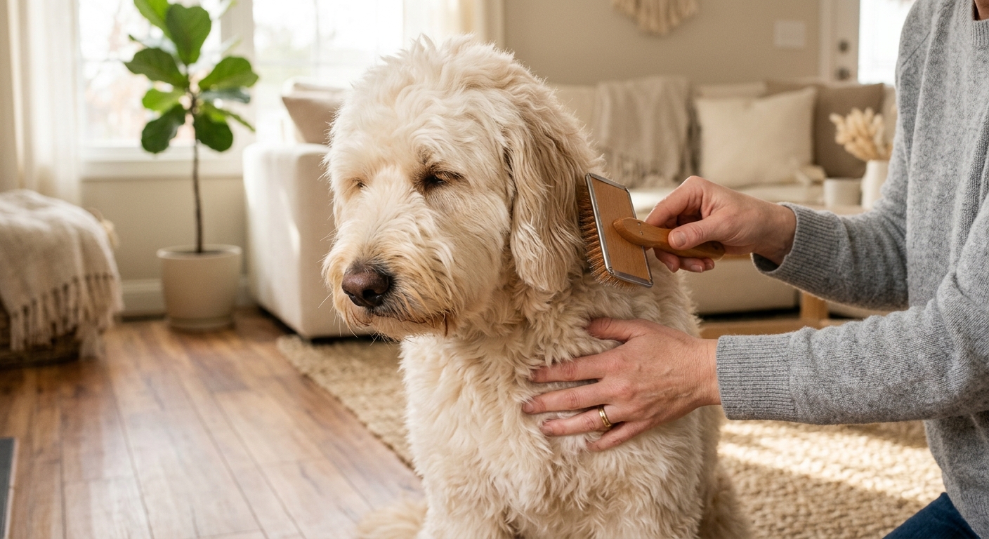 A calm dog being gently brushed by caring hands in a cozy living room