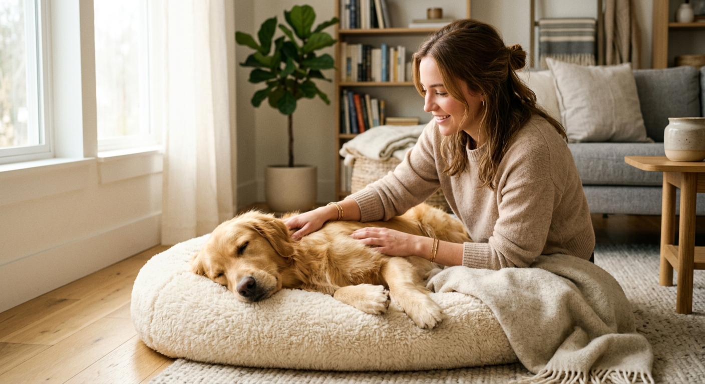 A sitter gently massaging a relaxed dog on a plush bed in a warm, sunlit home