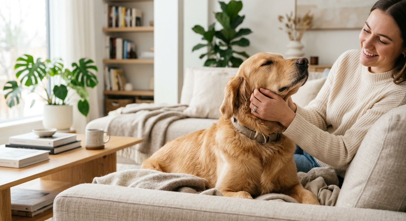 A happy dog with relaxed posture enjoying gentle ear massage in a bright, clean home environment