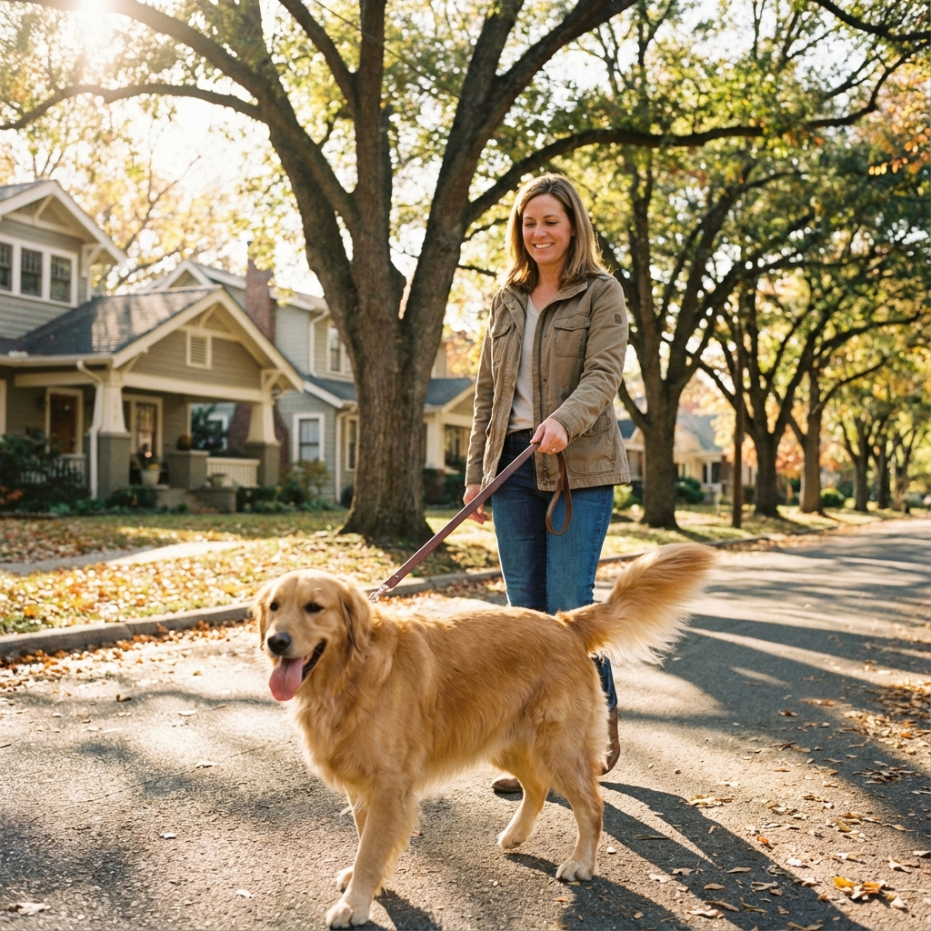 Happy dog walking on a familiar routine