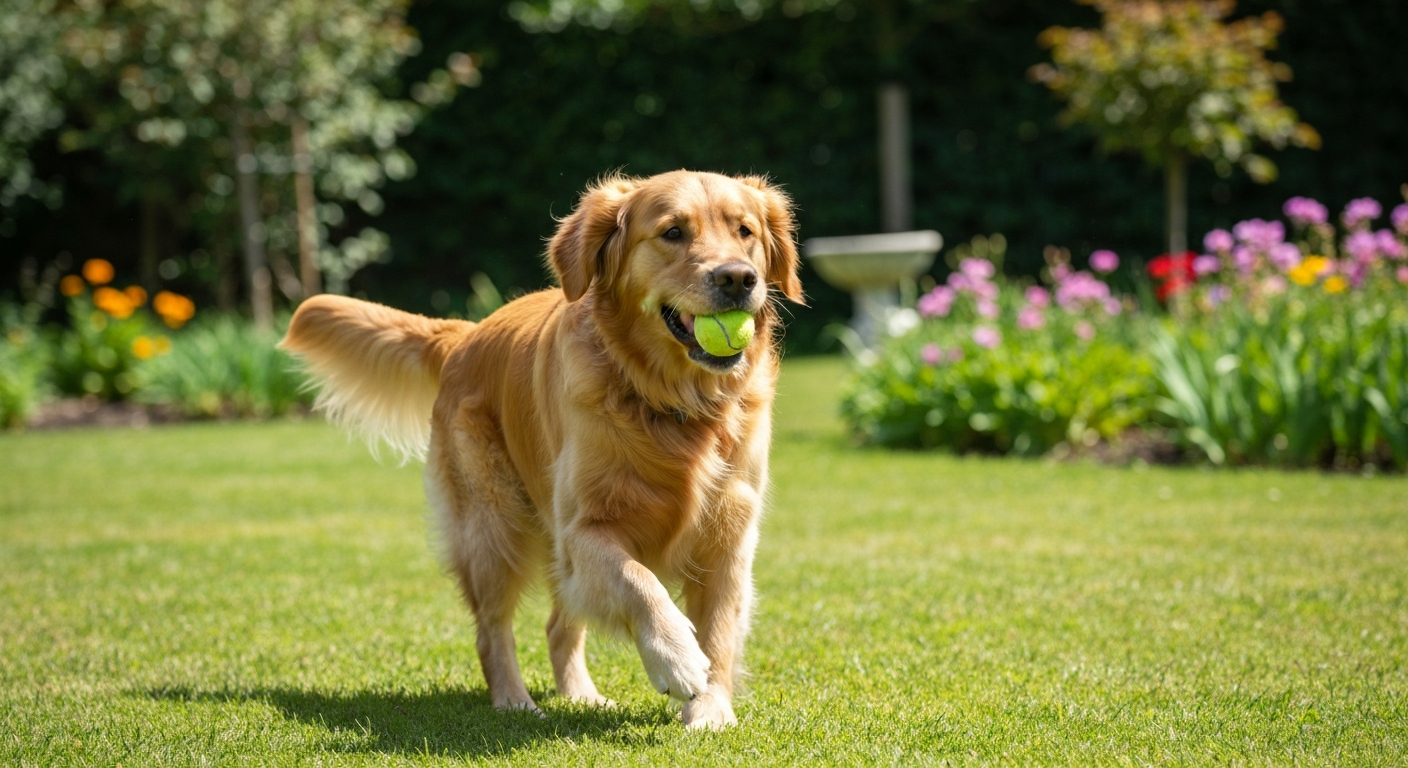 A happy dog playing in a backyard with toys while being photographed by a caring sitter