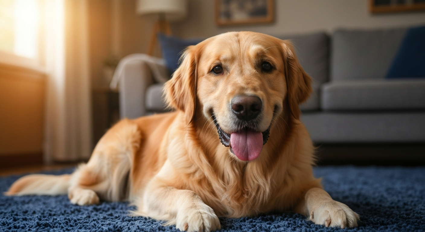 A pet sitter sending a photo update of a happy dog relaxing in a bright, cozy home