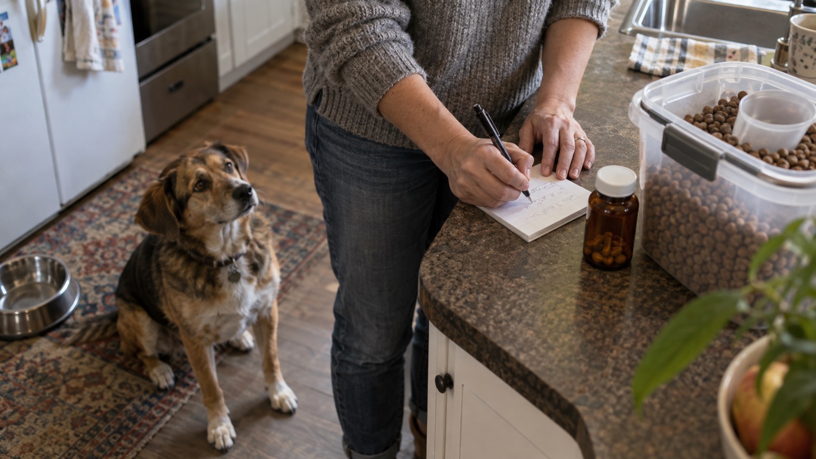 A person writing notes on a pad at a kitchen counter beside a clear container of kibble with a measuring scoop and an amber medication bottle, while a mixed-breed dog sits on the floor looking up