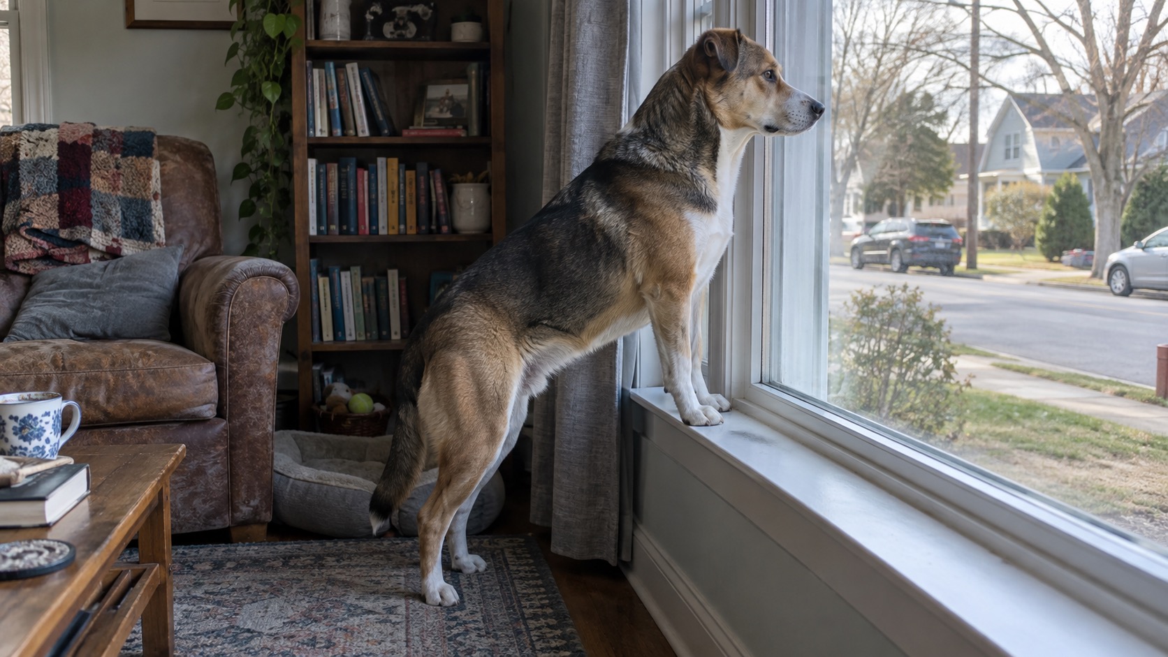 A mixed-breed dog with its front paws up on a window sill looking out at a quiet residential street, a lived-in room behind with a leather armchair, a bookshelf and a dog bed