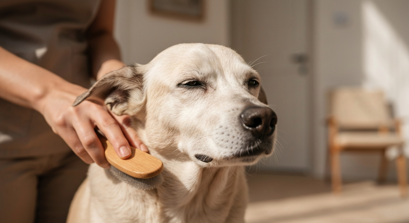 A senior dog being gently brushed by a sitter in a calm, sunlit room