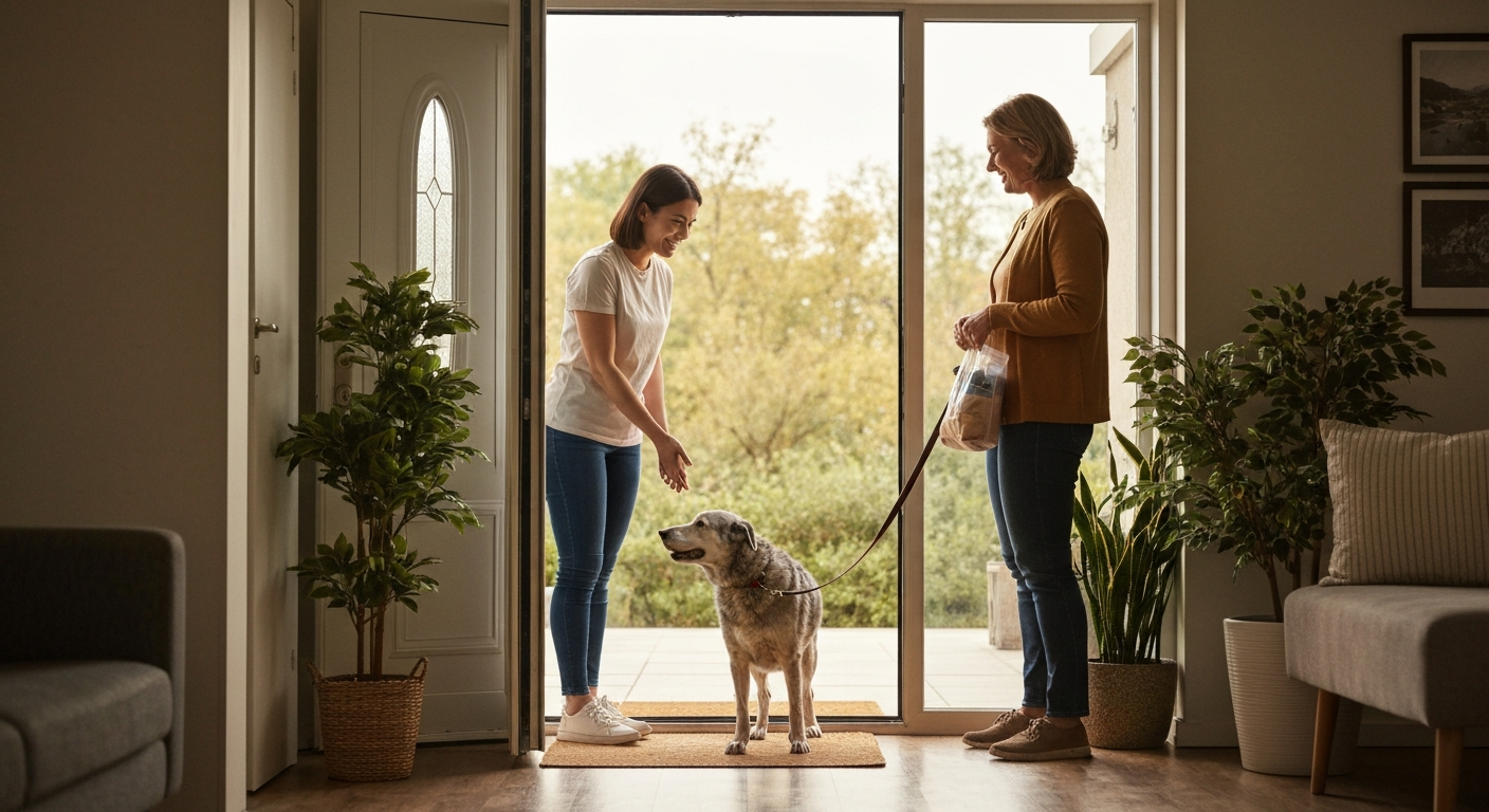 A pet parent talking with a sitter at her front door, with a senior dog calmly at her side